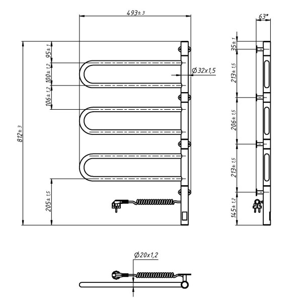 Elektryczny grzejnik łazienkowy nierdzewny NAVIN Fouette 480х800 Sensor, timer