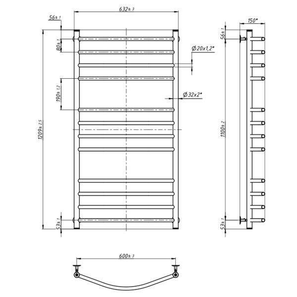 Stainless Steel Heated Towel Rail CAMELLIA 600х1200