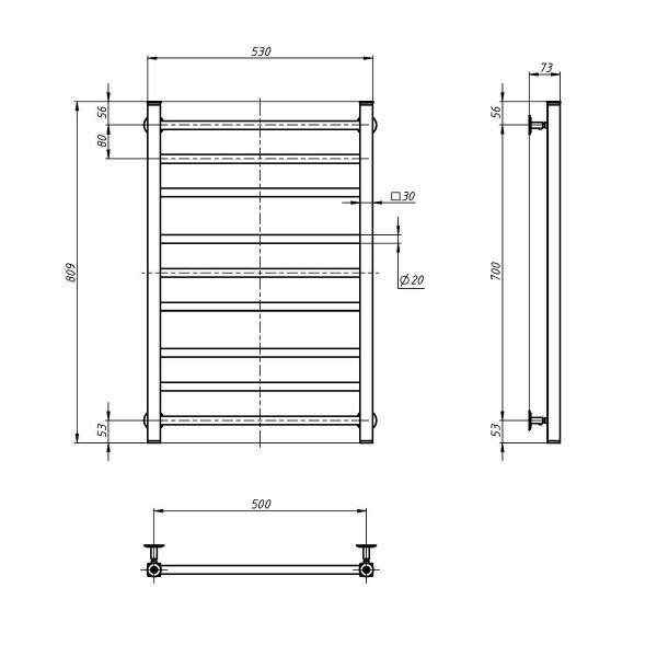 Stainless steel Heated Towel Rail Navin Classic Quadro 500x800