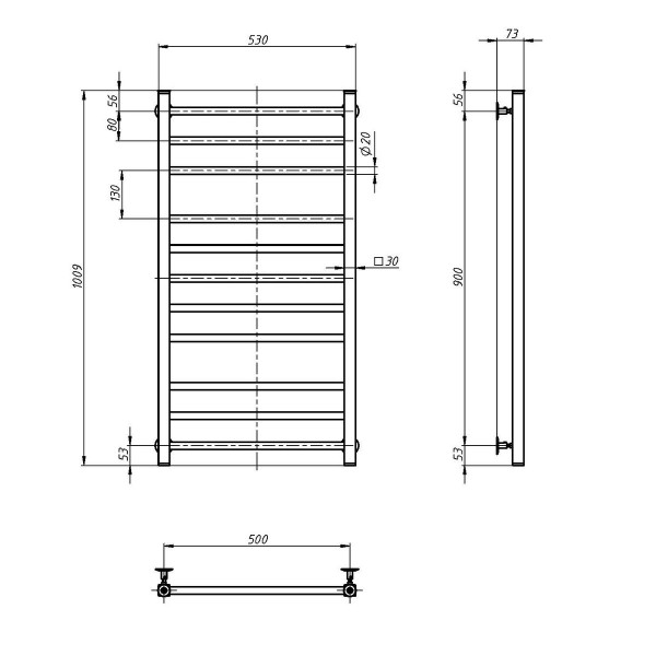 Stainless steel Heated Towel Rail Navin Classic Quadro 500x1000