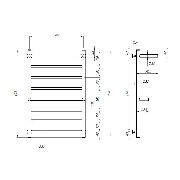 Bathroom Water Radiator STAINLESS Navin Classic with shelf 