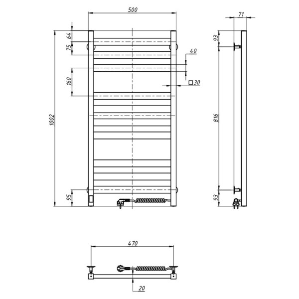 Grzejnik łazienkowy Navin Ellipse 500х1000 Sensor prawy, timer, chrom