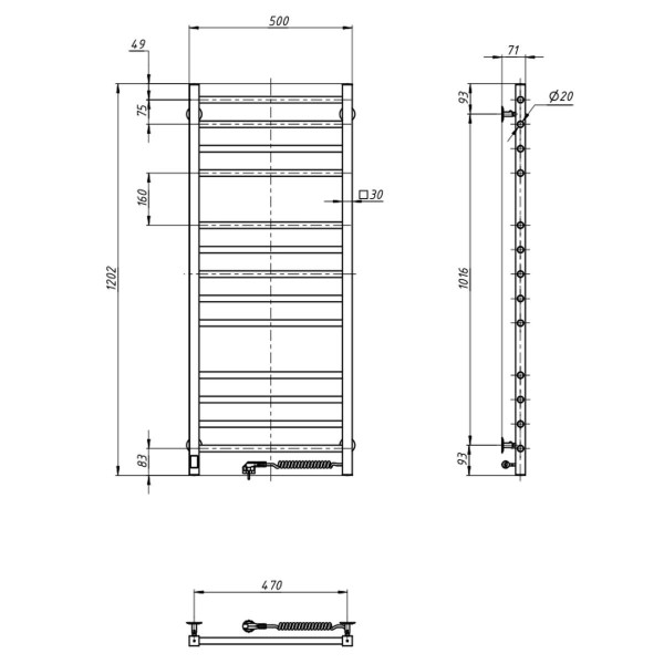 Stainless Steel Electric Towel Rail CLASSIC QUADRO Sensor 500x1200 right