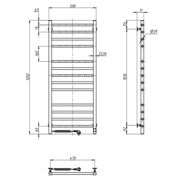 Stainless Steel Electric Towel Rail CLASSIC QUADRO Sensor 500x1200 left