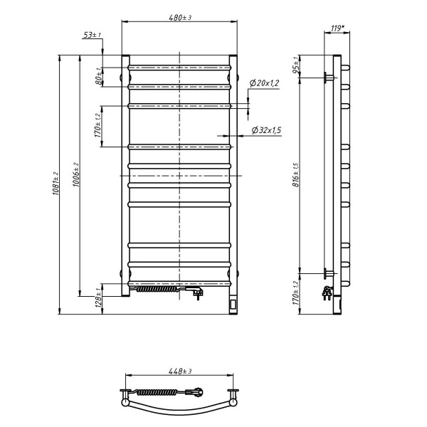 Electric Towel Rail WHITE CAMELLIA Sensor 480х1000 left